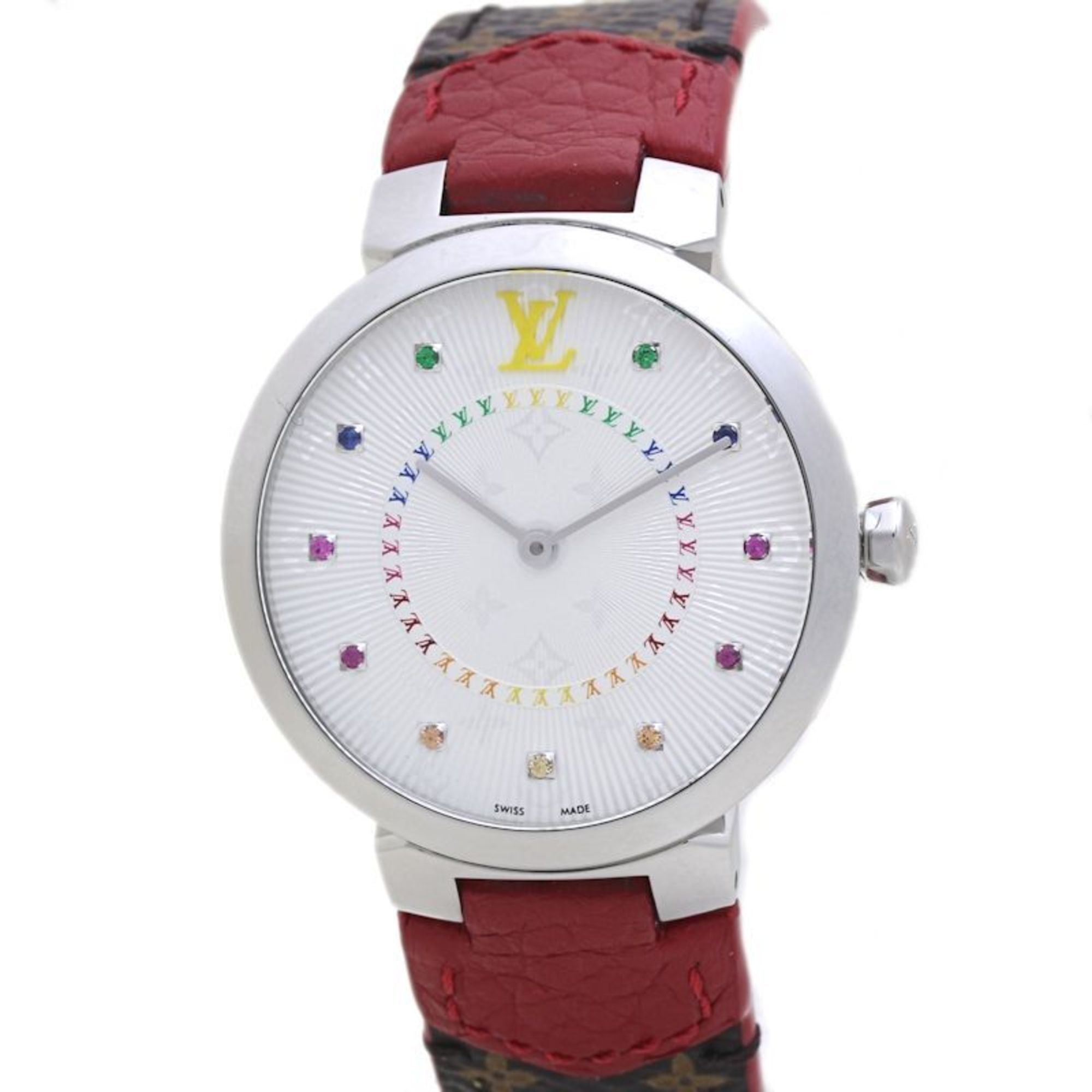 2000_2ba54650-b3b9-4008-b24e-af998ecd96af.jpg LOUIS VUITTON Tambour MM Rainbow Colored Stones QA159Z Women's Watch 40091 - Image 1