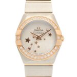 Omega Constellation Star Blue Diamond Bezel Watch, 18K Pink Gold (PG) Stainless Steel, Diamond, Ladies', White/White Mother-of-Pearl, 123.25.24.60.05.002