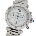 Cartier Pasha Chronograph Automatic Watch for Men, Stainless Steel (SS) W31030H3, Silver, with Open Caseback.