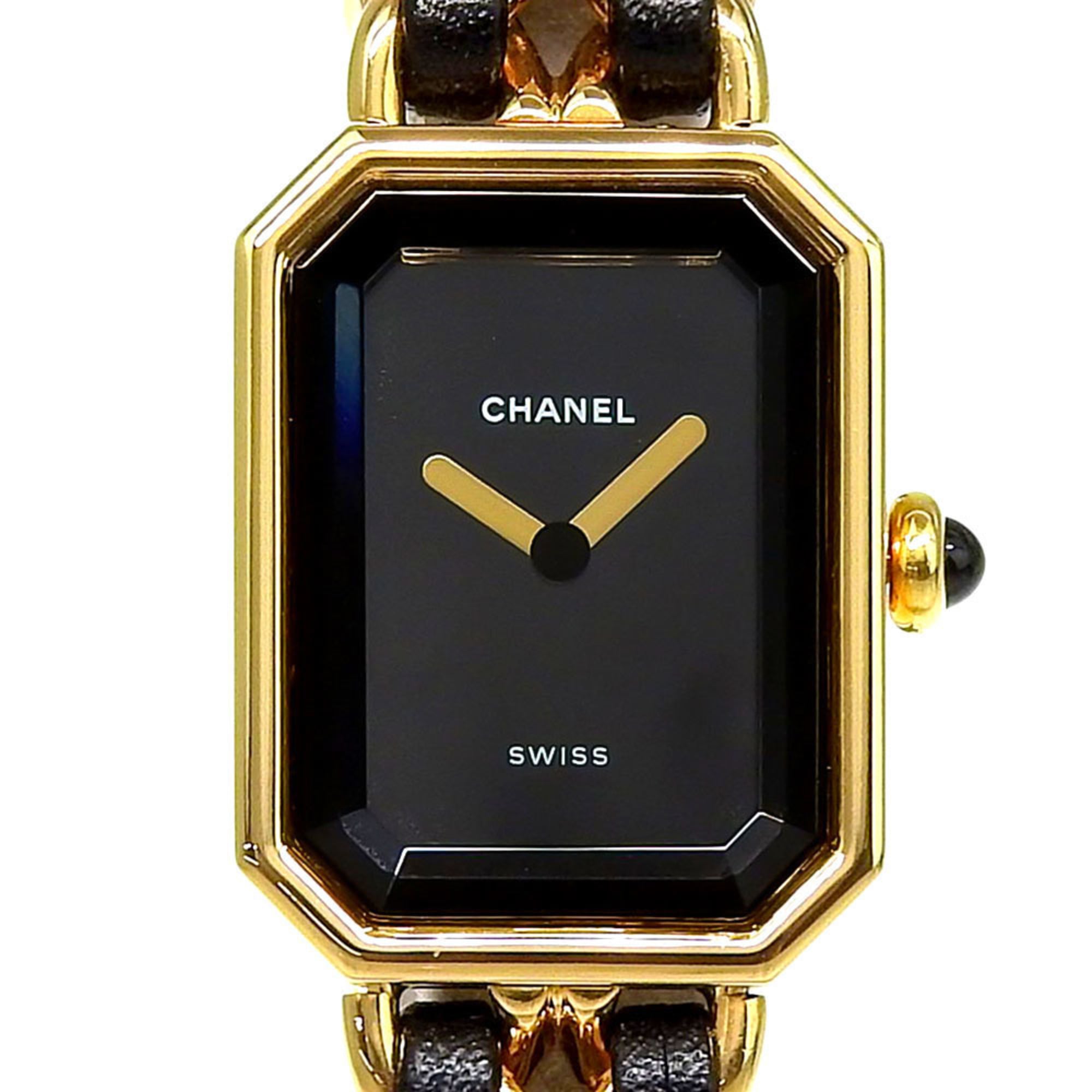 2000_36b76db7-0b15-434d-983b-605629ceaaf8.jpg Chanel CHANEL Première Large Size H0001 Black Dial GP/Leather Quartz Wo Approx. 26mm (height) x 20mm (width) - Image 1