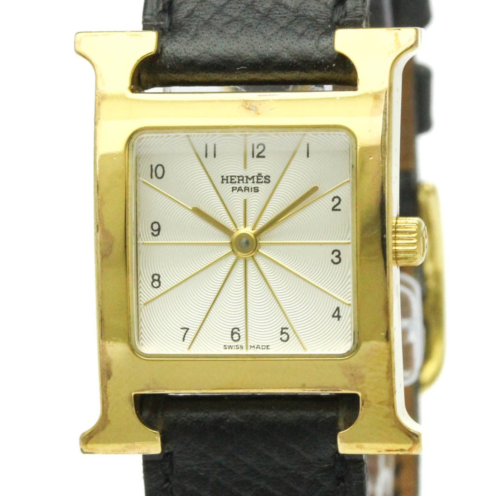2000_3c23a518-ad4b-4f28-9872-65ca86c86b75.jpg HERMES H Watch Gold Plated Leather Quartz Ladies Watch HH1.201 - Image 1