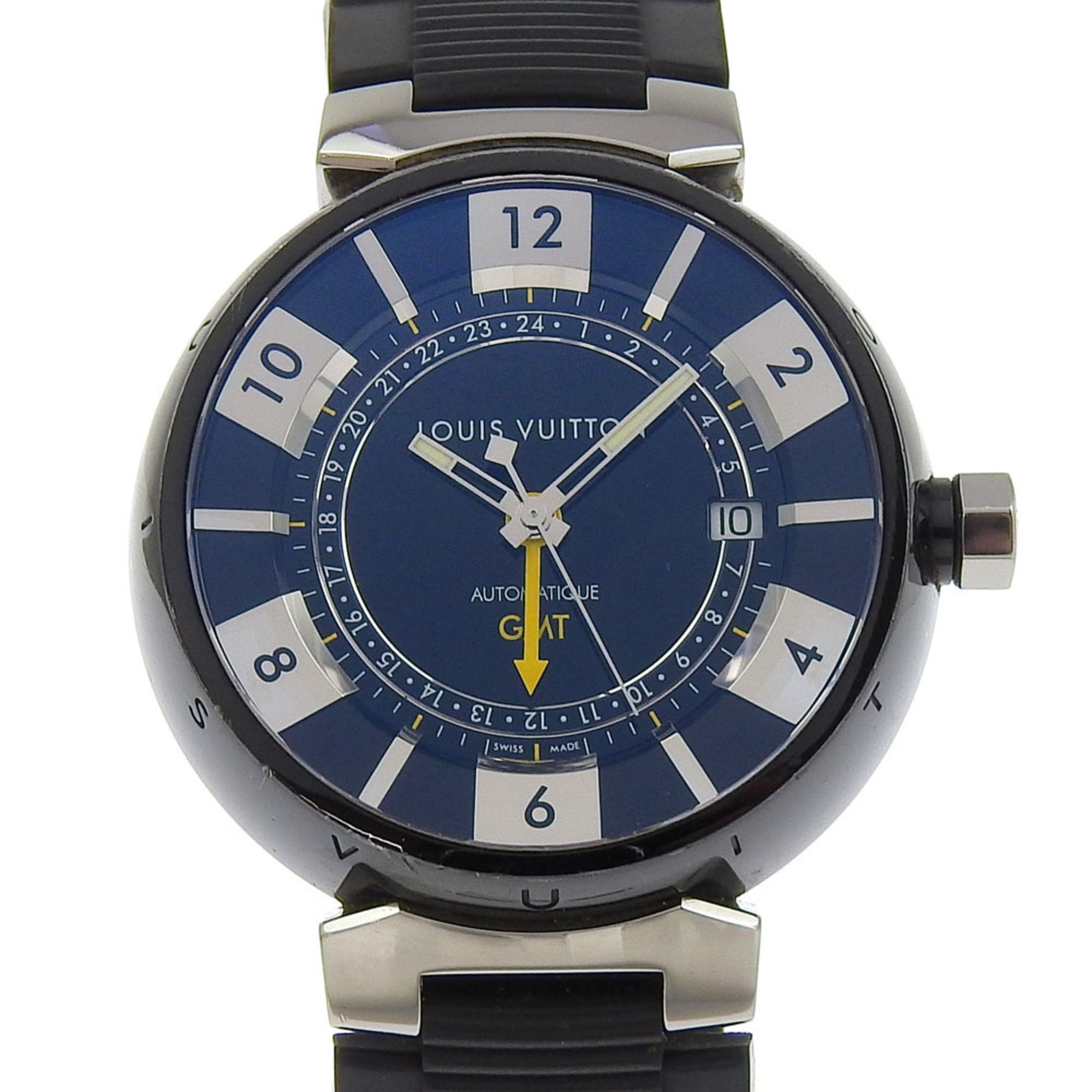 2000_3ca1beea-2164-40bb-b4d7-ac1983b865fd.jpg Louis Vuitton Tambour GMT Watch Q113K Stainless Steel x Rubber Automatic Black Dial Men's - Image 1
