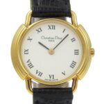 Christian Dior watch, model 58.121.2, gold-plated leather strap, gold quartz, analog, white dial, women's.