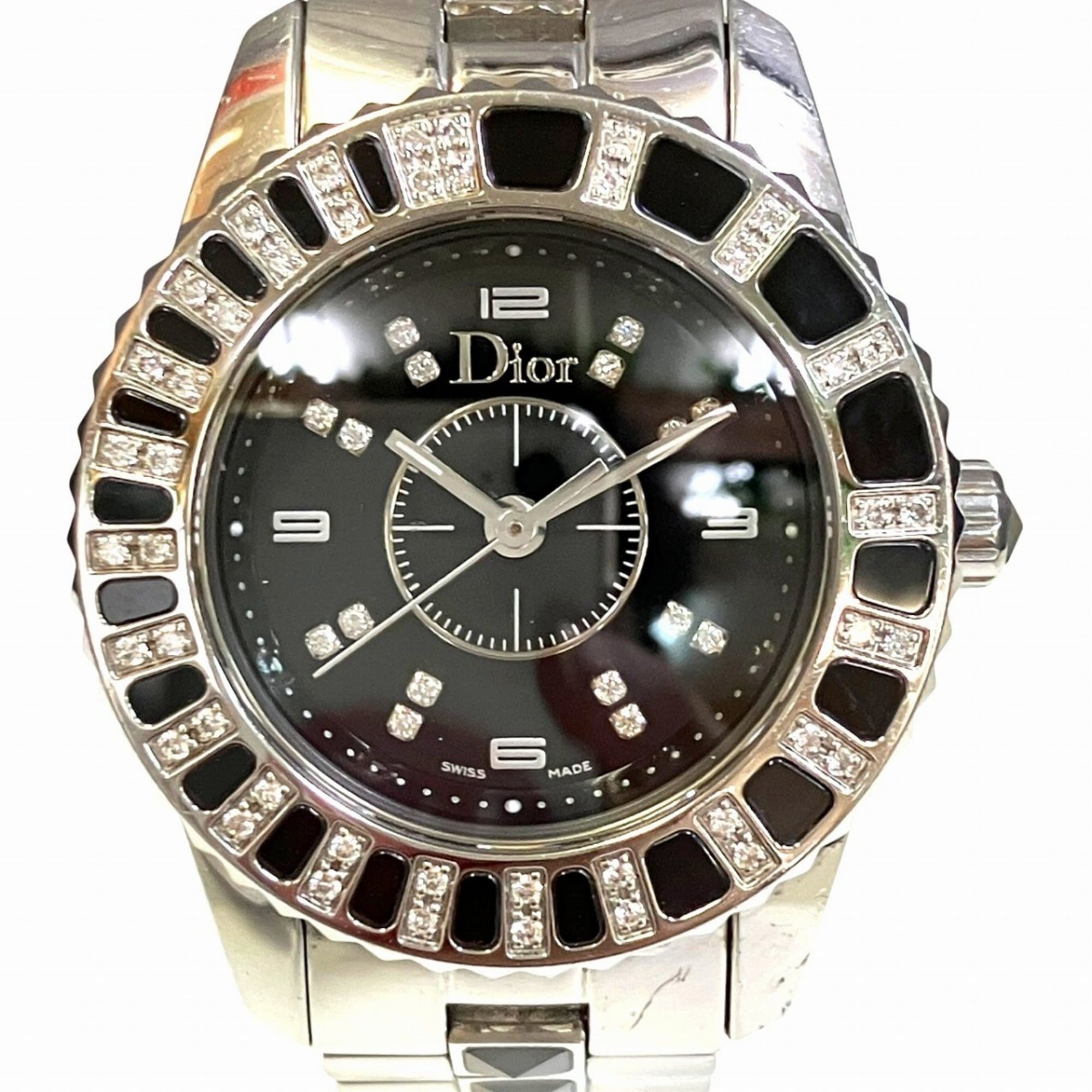 2000_84aa0a8b-c725-4f65-9251-ac218700605a.jpg Christian Dior Crystal Diamond Bezel Watch, Total Weight 75.8g, Stainless Steel, Quartz, Black Dial, CD112116M001 - Image 1