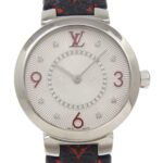 Louis Vuitton Tambour Slim Watch, 8 Diamonds, Q12MGA, Stainless Steel and Leather, Quartz Movement, Analog Display, Silver Dial, Women's