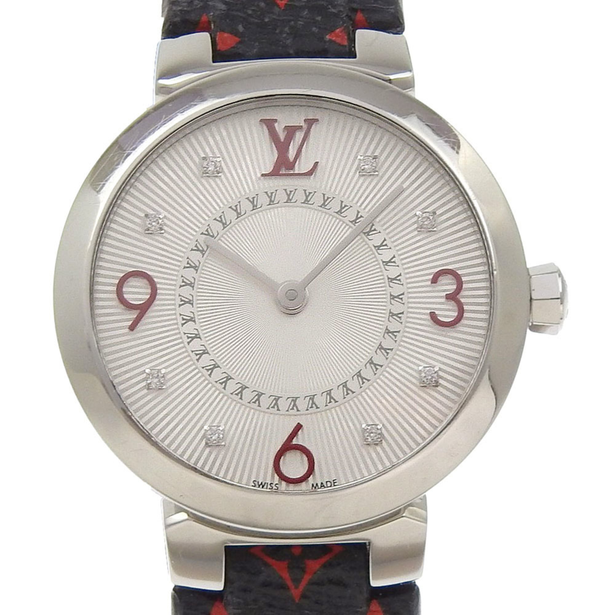 2000_91109fa4-4201-49f1-8060-996cd2847359.jpg Louis Vuitton Tambour Slim Watch, 8 Diamonds, Q12MGA, Stainless Steel and Leather, Quartz Movement, Analog Display, Silver Dial, Women's - Image 1