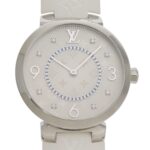 Like new Louis Vuitton Tambour MM Q13MJ white dial watch with 8 diamonds, stainless steel and rubber case, quartz movement, 33mm