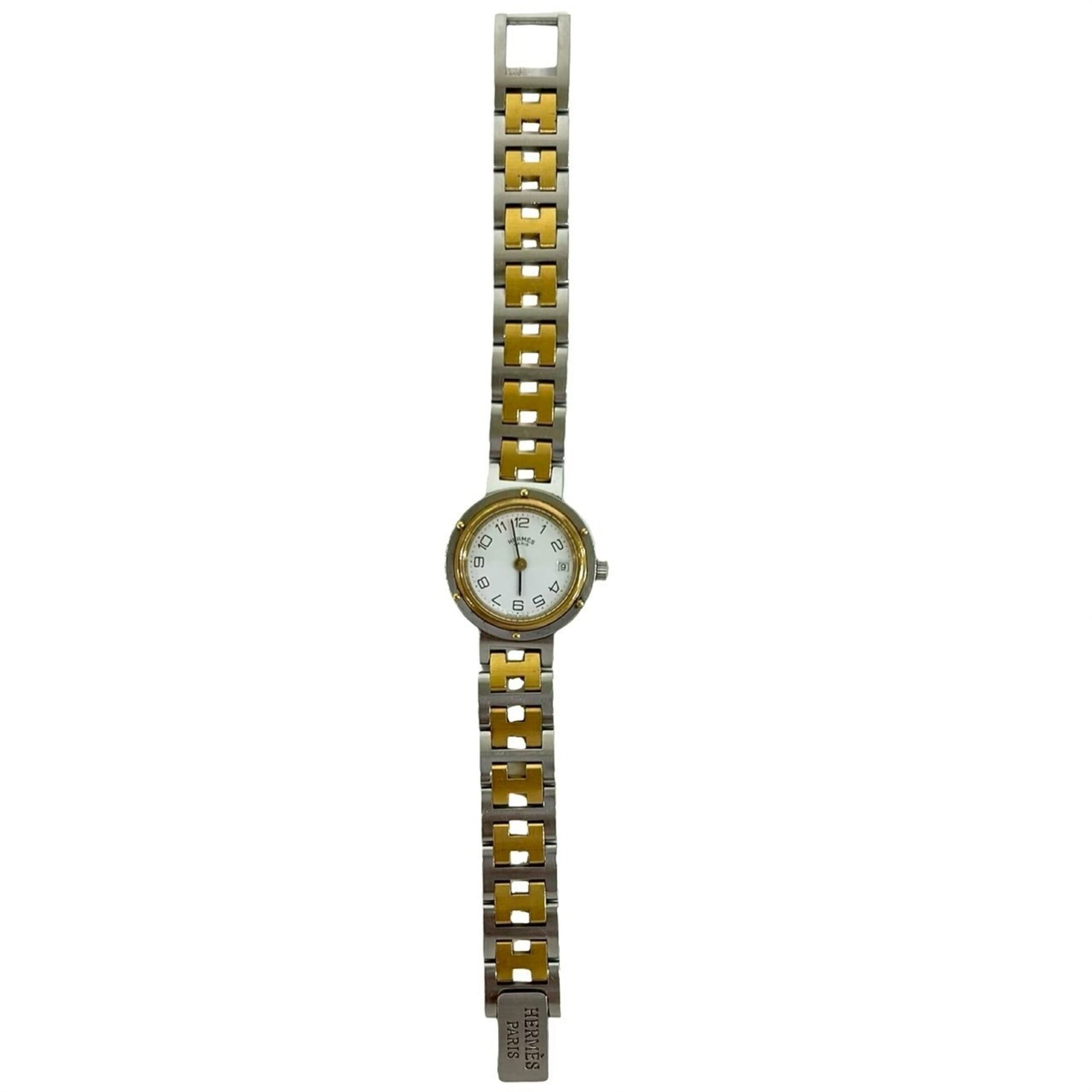 2000_b8a96e13-b2e6-4ec9-bffa-8542f230d21a.jpg HERMES Vintage Clipper Logo Engraved Stainless Steel GP Wristwatch Silver Gold 40594 - Image 1