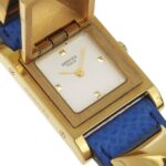 Hermes Medor watch, gold plated x leather, 1994 model, quartz, analog, white dial, women's. - Image 3
