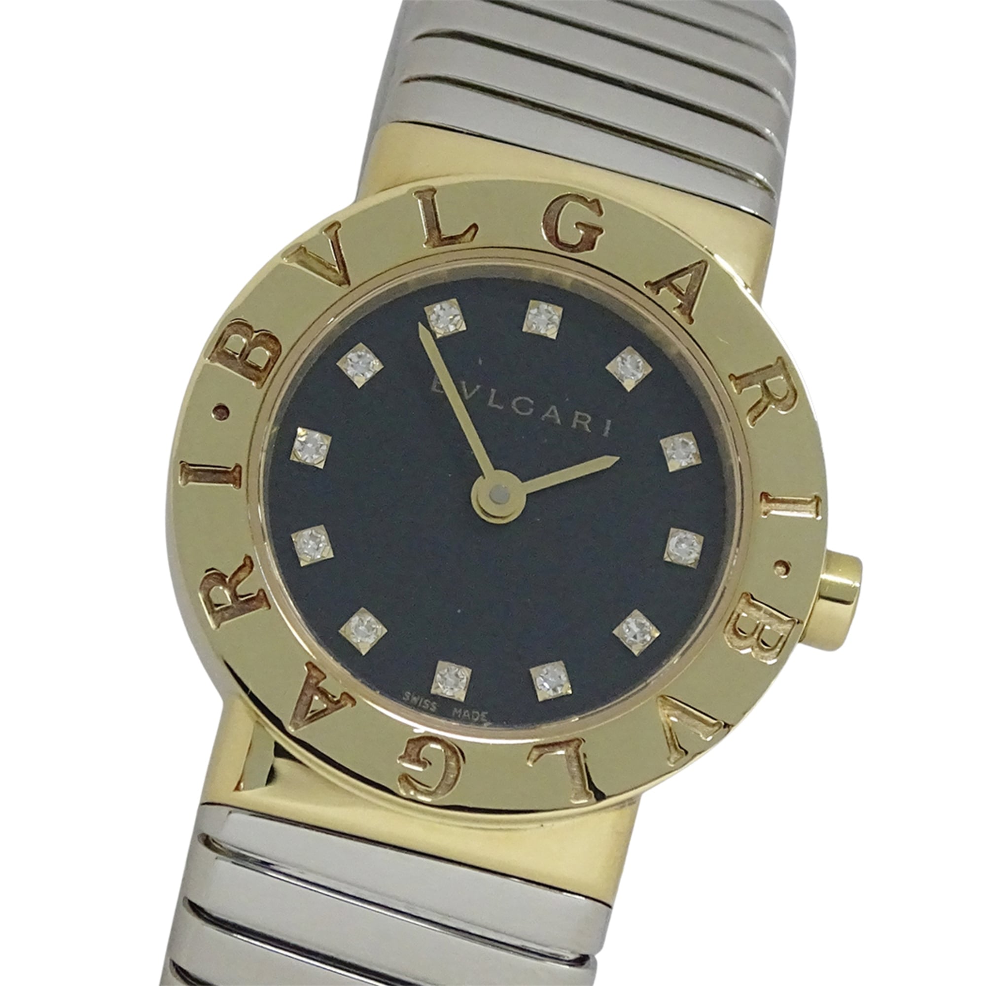 2000_c503cb75-4875-4b67-ad0d-f0b5b181620f.jpg Bulgari BVLGARI Wo Brand: Tubogas 12-Diamond Quartz Movement 750YG (Yellow Gold) and 18K Stainless Steel (SS) Size L Bangle Round. (BB232T) - Image 1