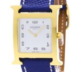 HERMES H Watch Gold Plated Leather Quartz Mens Watch HH1.510