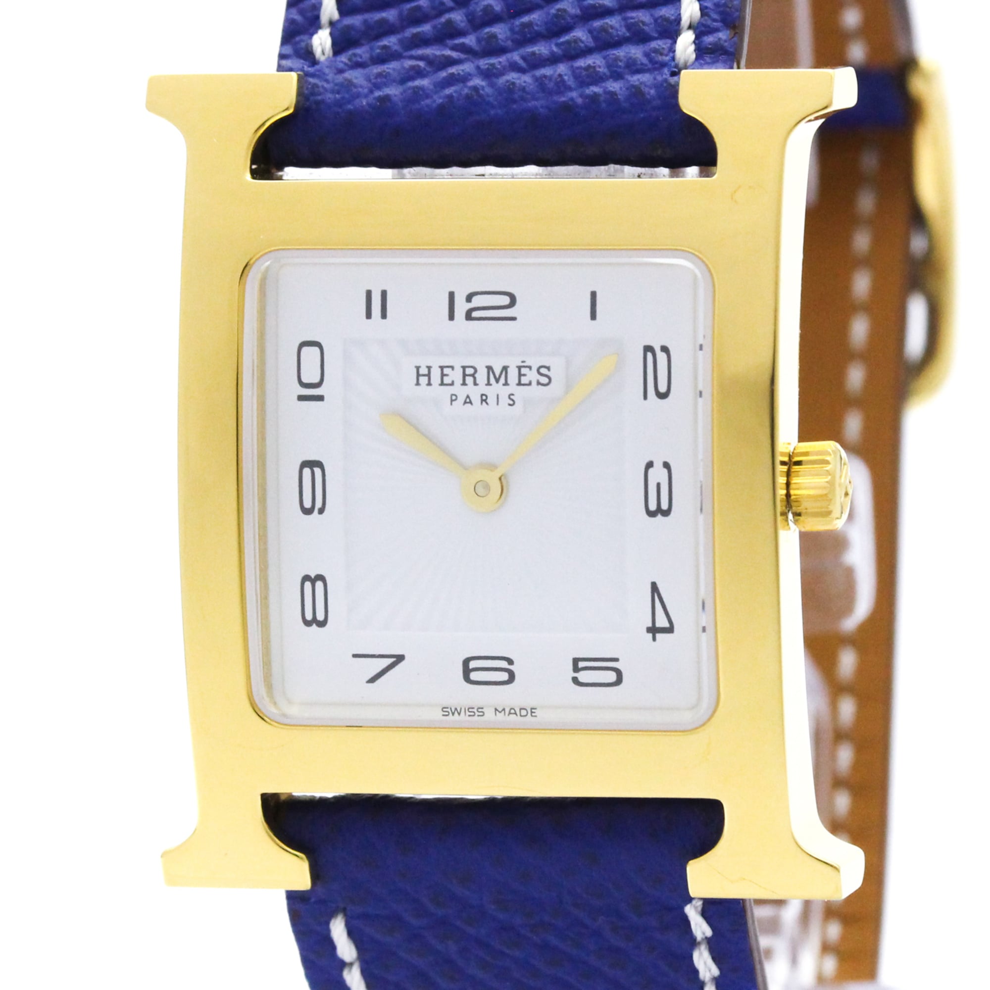 2000_cded1621-09a3-433c-9de5-3666b07df762.jpg HERMES H Watch Gold Plated Leather Quartz Mens Watch HH1.510 - Image 1