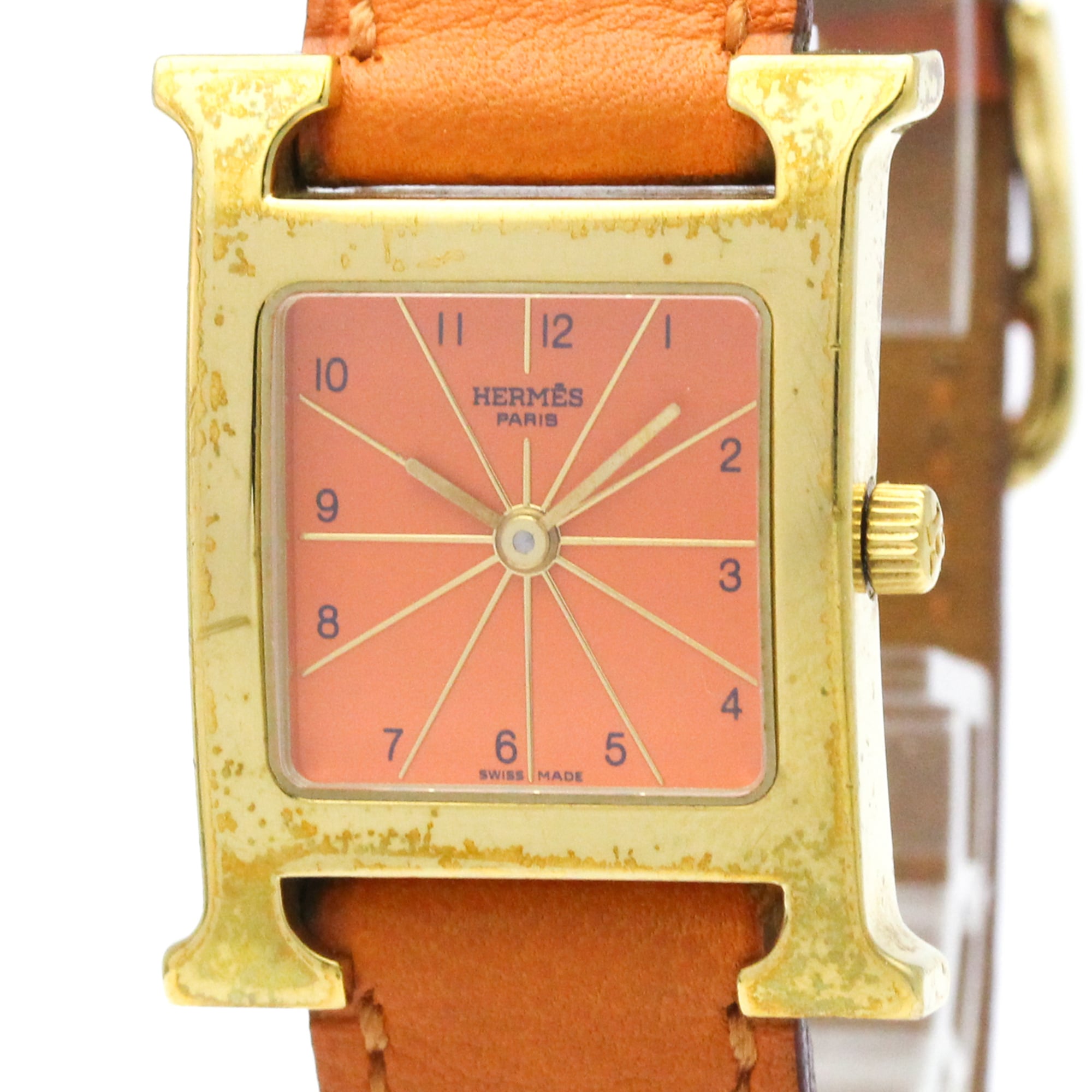 2000_ce265f68-ae89-40e2-b7c6-199ad80484b7.jpg HERMES H Watch Gold Plated Leather Quartz Ladies Watch HH1.201 - Image 1