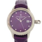 Unused Charriol Columbus 12-Piece Diamond Watch CO36QS.369.003, Stainless Steel Embossed Leather, Purple Dial, Quartz Movement, 0596 CHARRIOL