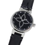 Louis Vuitton LOUIS VUITTON Women's Watch Tambour Forever Diamond Quartz QZ Stainless Steel SS Leather Q12M5 Silver Black