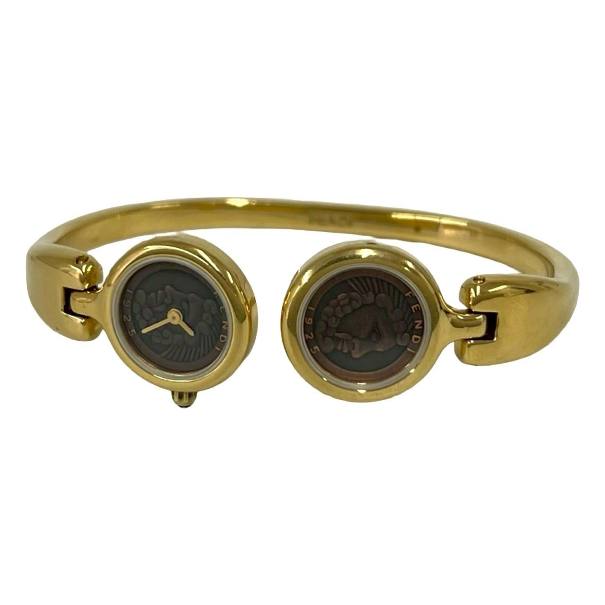 2000_db671b9a-e241-4928-b64b-e65bec3c182a.jpg FENDI 600L Logo Engraved GP Quartz Wrist Bangle Gold 22368 - Image 1