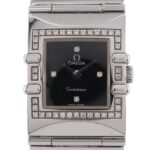 OMEGA Constellation Carree Watch, cal. 1376 1528.46, stainless steel with diamonds, 1998, quartz movement, analog display, black dial, women's.