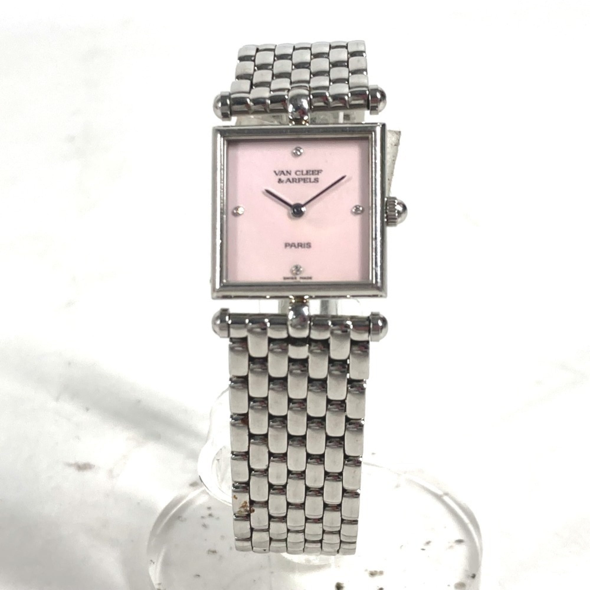 2000_ebcb43e1-1aca-42f7-a357-32b102504866.jpg Van Cleef & Arpels 522642 Pink Shell Classic Cale 4P Diamond Square Ladies Stainless Steel M-241220-2 - Image 1