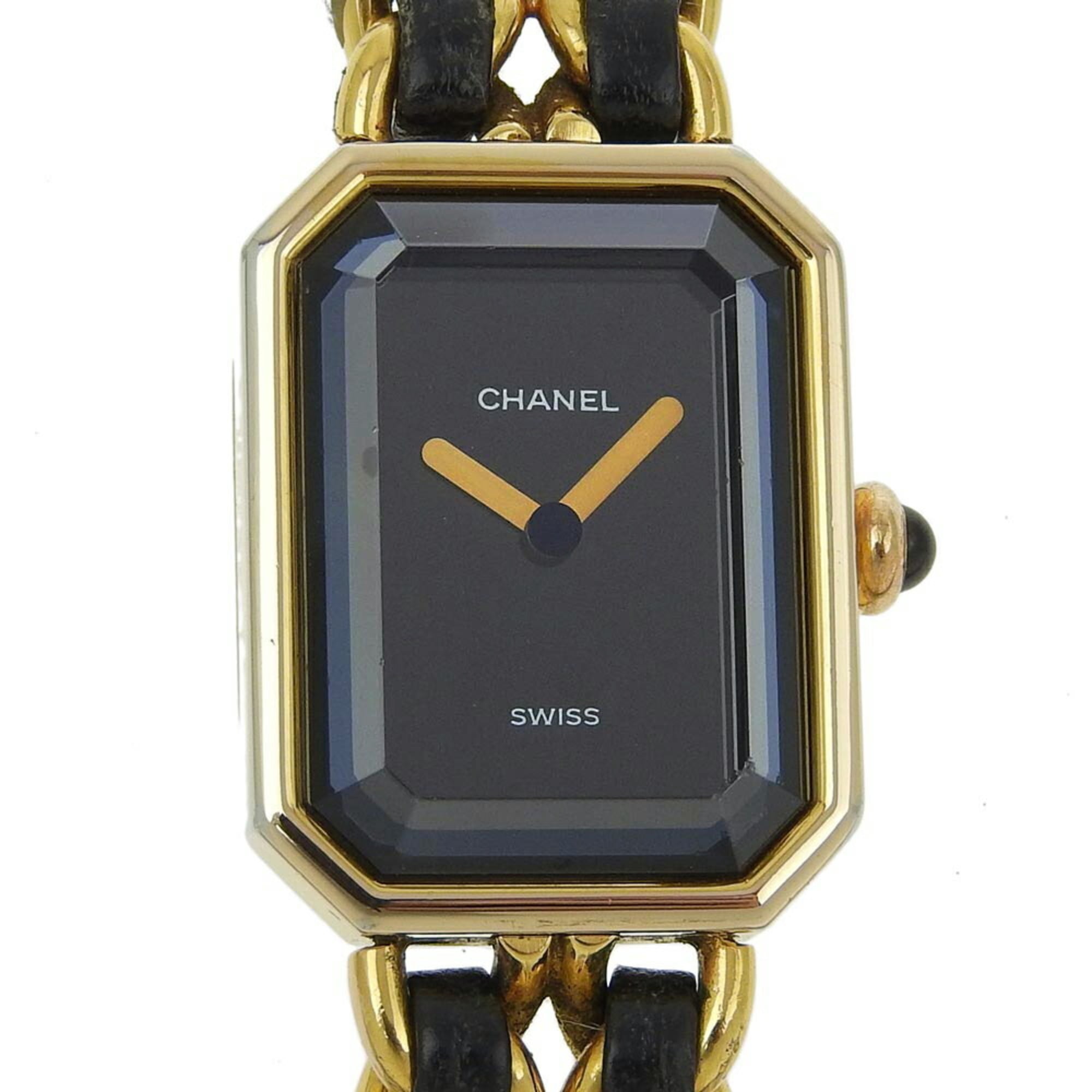 2000_f7f26b7d-f07b-421f-9738-43d4d0665742.jpg Chanel CHANEL Premiere L Watch Gold Plated x Leather Quartz Analog Display Black Dial Ladies - Image 1