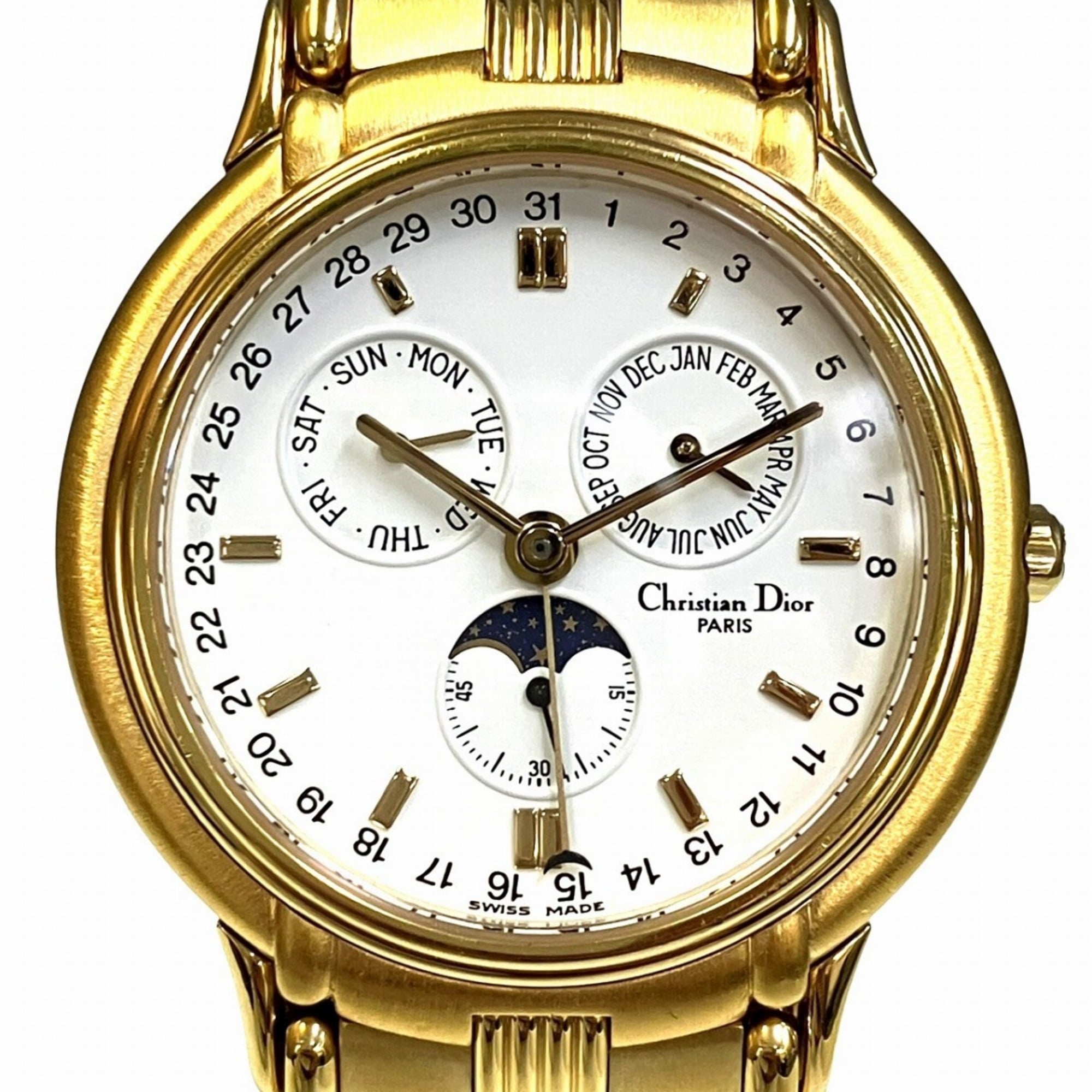 2000_fc4646fc-0385-4e81-a8f4-9b0e94f34b69.jpg Christian Dior Moon Phase Triple Calendar Watch, Total Weight 70.6g, GP (Gold Plated) finish, Quartz movement, White dial, Item No. 61.271 - Image 1