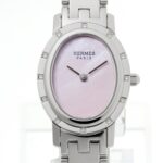 Hermes Clipper Oval Nacre CO1.230 12P Diamond Bezel Pink Shell Quartz