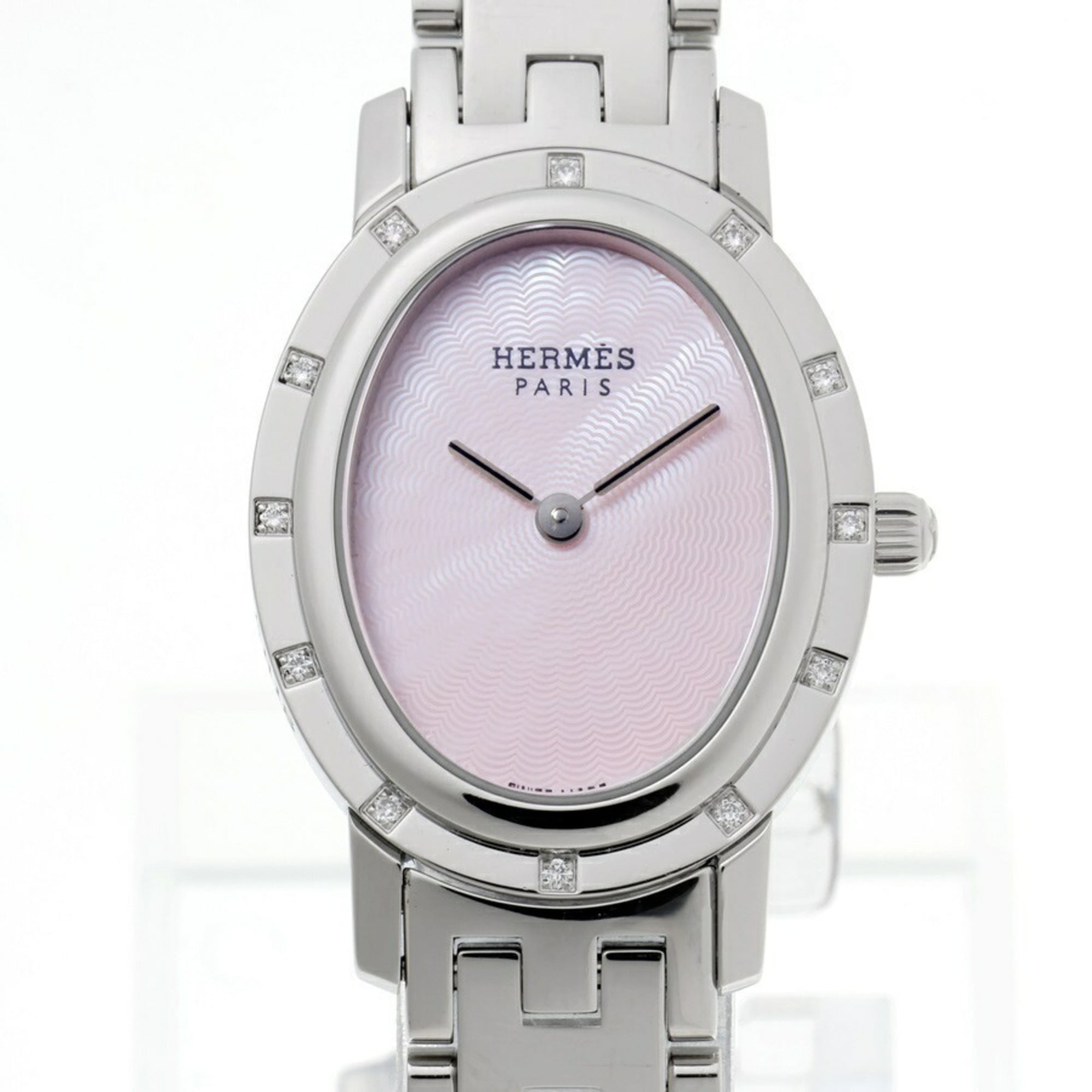 2000_fe65f386-8ad6-47e7-ae63-9e2ed2dfde87.jpg Hermes Clipper Oval Nacre CO1.230 12P Diamond Bezel Pink Shell Quartz - Image 1