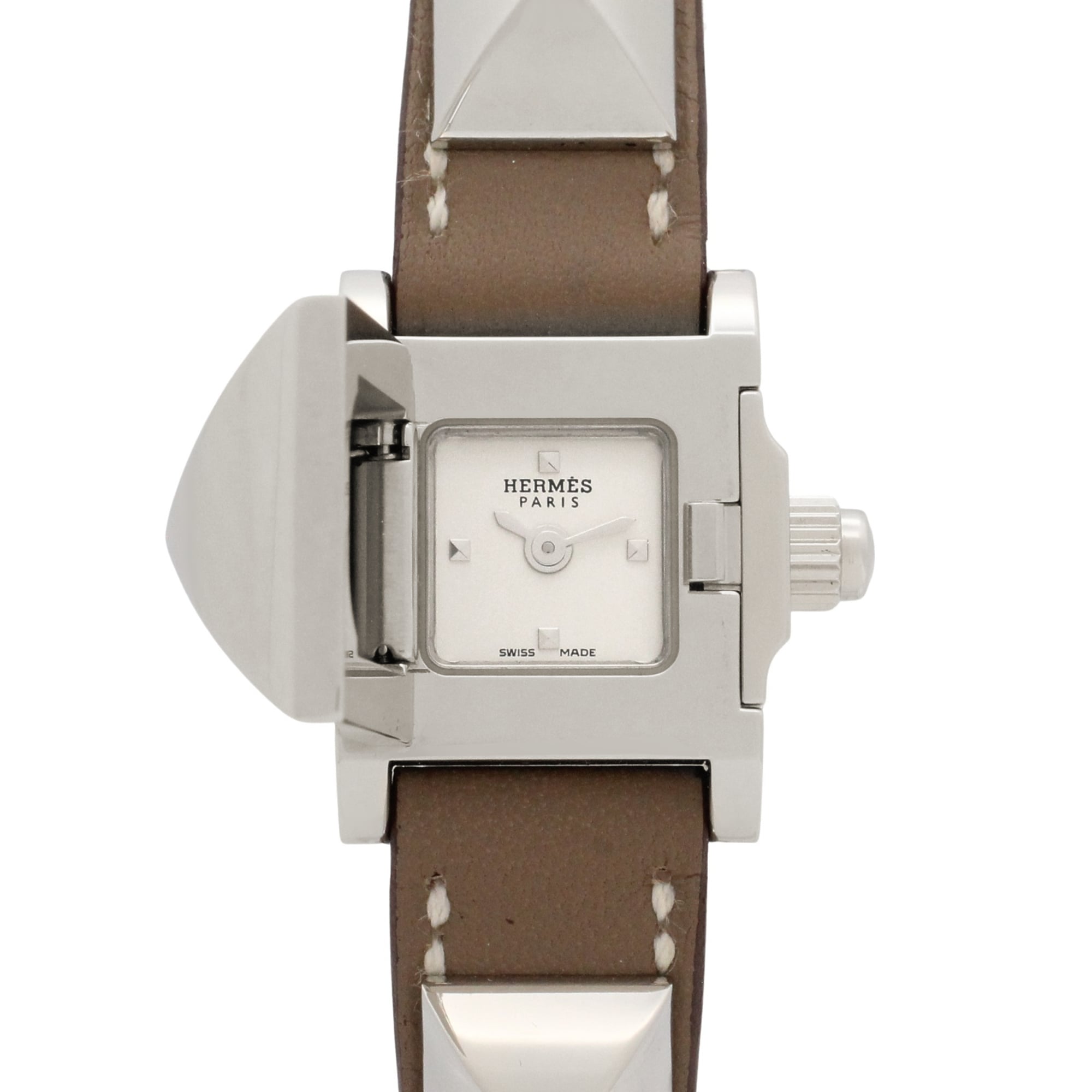 2000_a4546b7a-8fdf-43a4-84bb-e090d461b86a.jpg Hermes Mini Medor Stainless Steel Leather Strap Wo Silver Tone ME2.110 - Image 1