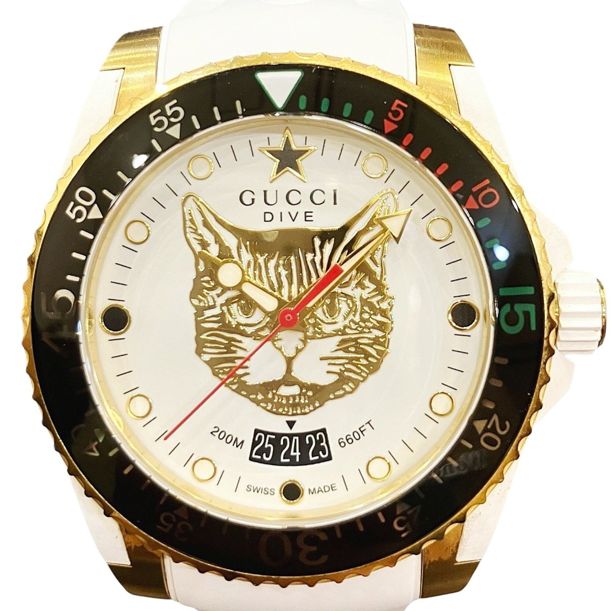 2000_b333f161-ea6d-4567-b6f2-af25673d6c75.jpg Gucci Dive Mystic Cat total weight 108g stainless steel rubber strap quartz movement white and gold dial 136.3 - Image 1